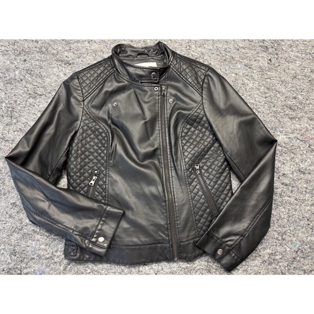 American Rag Cie Black Faux Leather Quilted Moto Biker Jacket Womens Large L